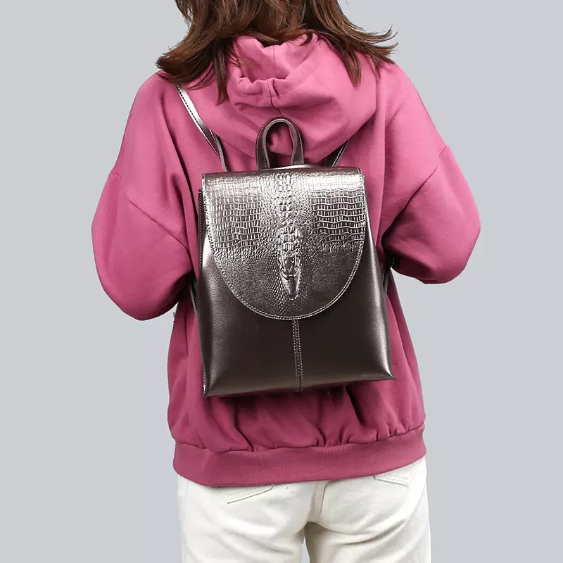 leather mini travel backpack for women in silver color